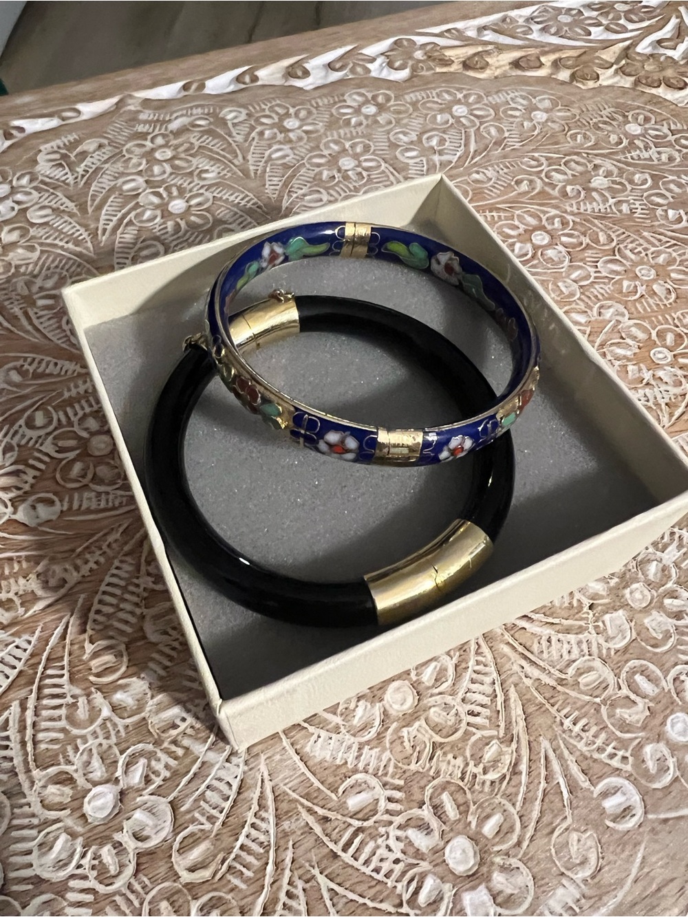 Blue Floral Cloisonné and Black Gold Bangle Set